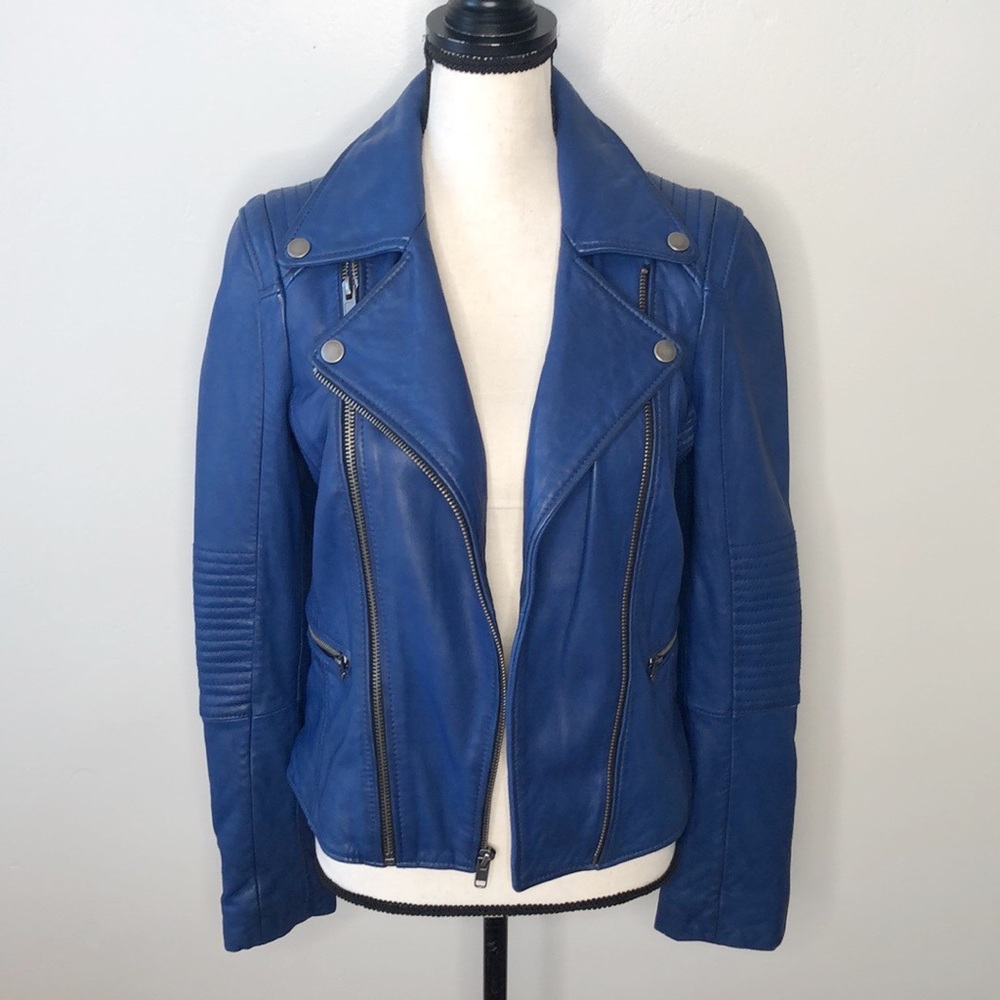 Andrew Marc Blue Leather Moto jacket